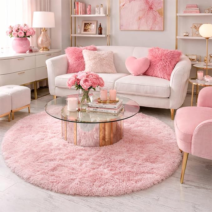 Amdrebio Pink Shaggy Round Circle Area Rug 5Ft - Image 4