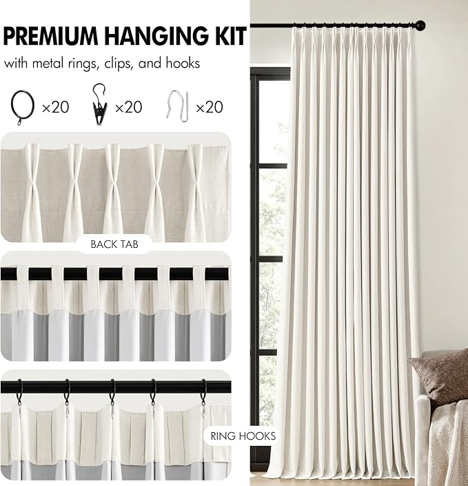 MIULEE Beige White Pinch Pleated 100% Blackout Linen Curtains 40x63 Inches | - Image 8