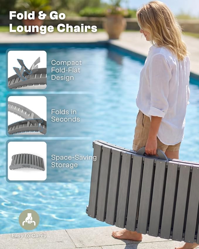 Folding HDPE Pool Lounge Chairs Set of 4, Pre-Assembled Outdoor Chaise Lounge - Image 3