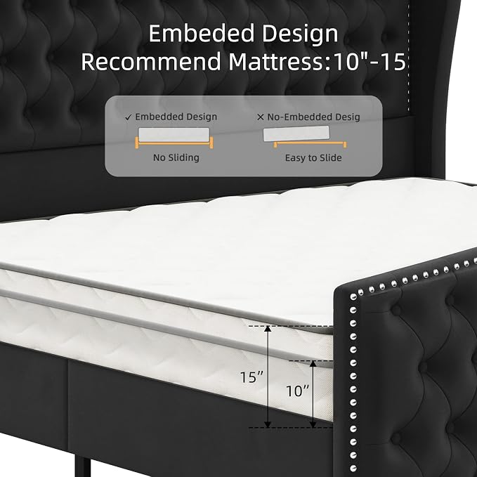 BRELTAM Upholstered Queen Size Bed Frame Velvet Black Tufted Platform Bed Frame - Image 6