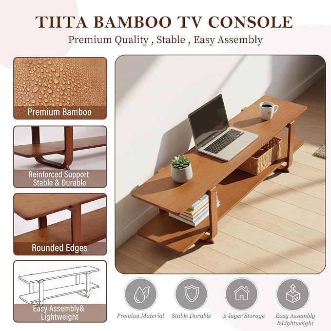 Tiita TV Stand with Storage for TVs up to 65'', Bamboo TV Console Entertainment - Image 7