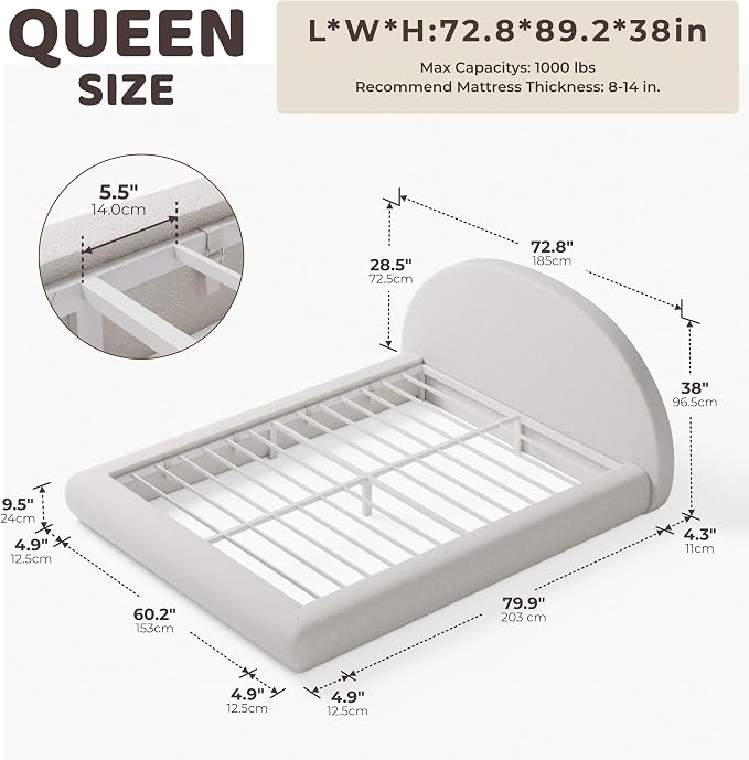 RECCI AirFrame Half-Moon Upholstered Queen Platform Bed Frame, Boucle Curved - Image 2