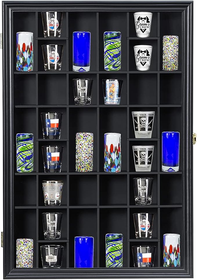 Shot Glass Display Case Wooden Cabinet Rack Holder Wall Mounted Black Shadow by SNAIL