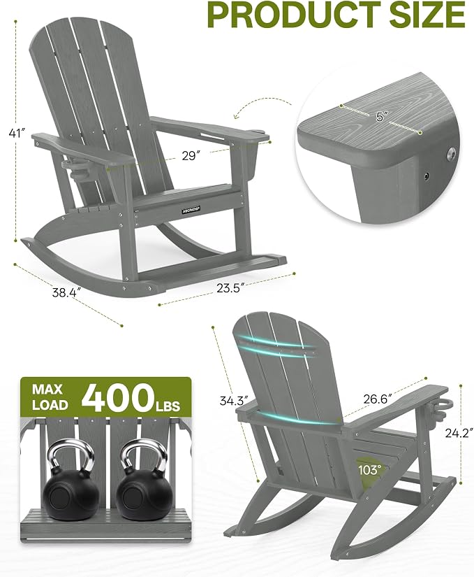 Outdoor Oversized Adirondack Rocking Chairs, All Weather HDPE Patio Rocking - Image 2