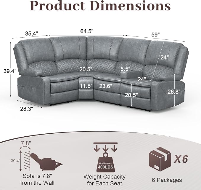 Yolsali Manual Reclining Sectional Sofa Set, 4 Seats Soft Leather Recliner - Image 2
