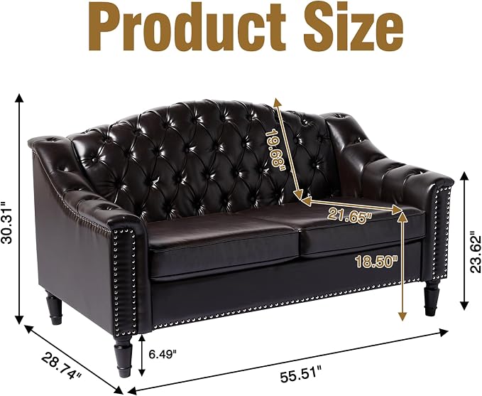 LEVNARY Chesterfield Loveseat Leather, Upholstered Sofa - Image 2