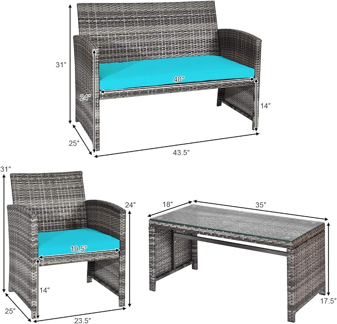 Tangkula 4 PCS Wicker Patio Conversation Set, Outdoor Rattan Sofas - Image 5