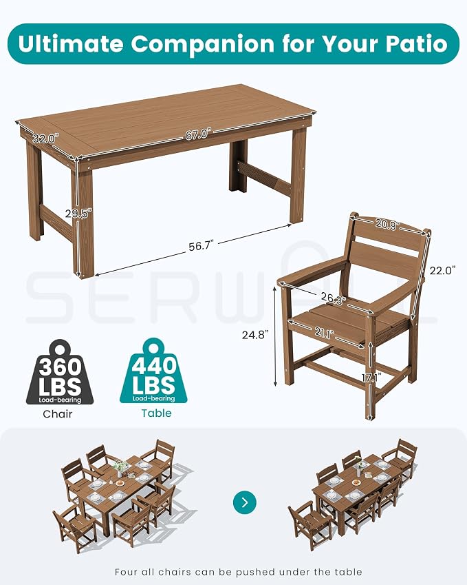 SERWALL Outdoor Dining Table Set, 67‘’ HDPE Patio Dining Set - Image 2