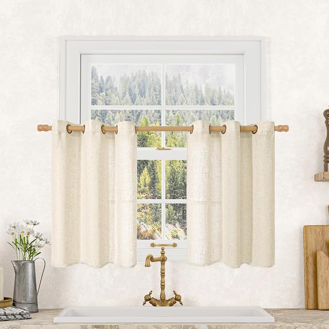 Short Window Linen Curtains 36 Inch Length 2 Panels, 34 x 36 Inch | Beige by LAMIT