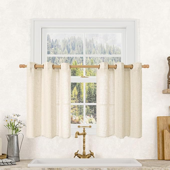 Short Linen Window Curtains 30 Inches Long 2 Panels, 34 x 30 Inch | Beige by LAMIT