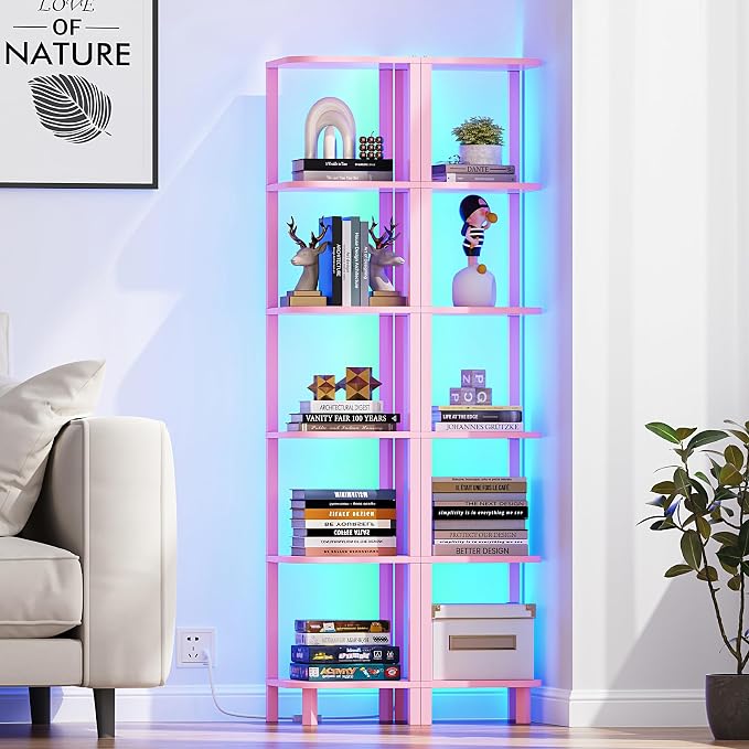 TUTOTAK Corner Shelf with LED Light, 6-Tier Corner Bookshelf - Image 8