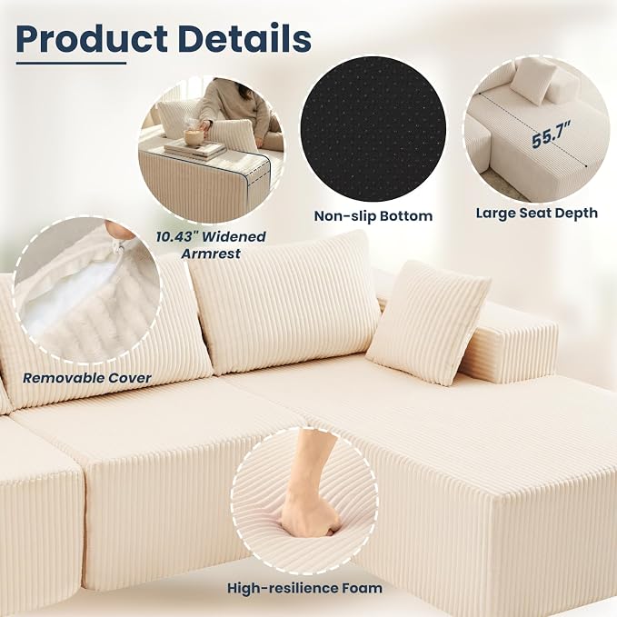DUMOS 108" Boneless Couch, Cloud Sectional Couch - Image 5