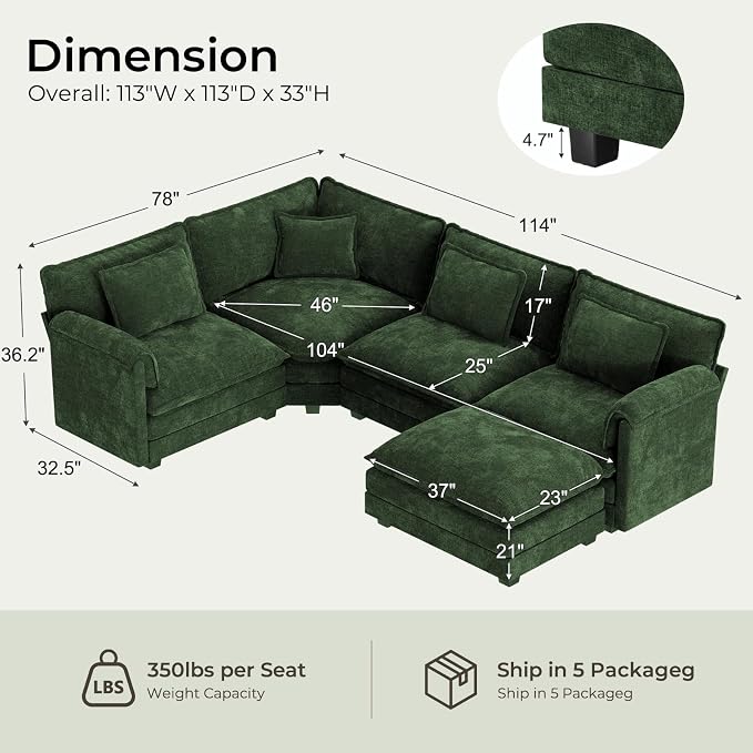 ELUCHANG 114" Oversized V-Shaped Cloud Couch Modular Sectional Sofa - Image 2
