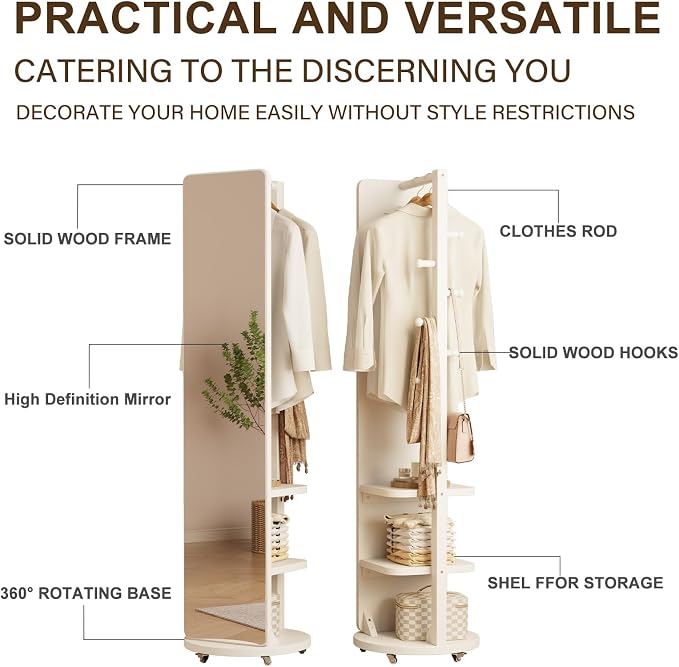 WoodsWhisper Full Length Mirror Coat Rack Solid Wood Floor Mirror 66"x12" Full - Image 5