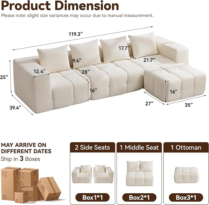 119" Boneless Couch, Oversized Cloud L Shaped Couch, Modular Sectional 4 Seater - Image 2