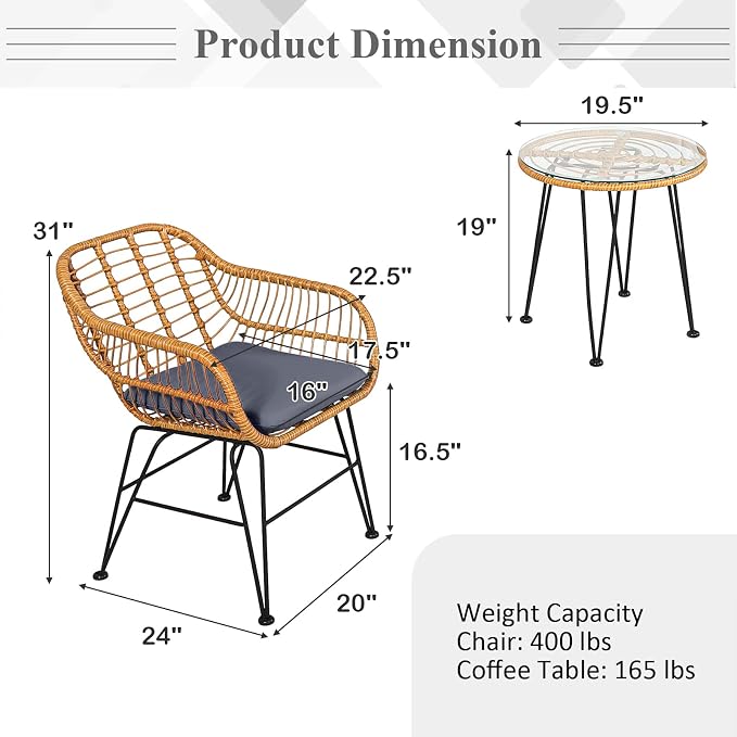 Tangkula 3 Pieces Patio Bistro Set, Rattan Conversation Set - Image 5