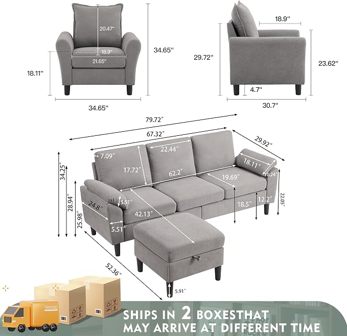 79" Convertible Sectional Sofa Set, Modern Linen Small L Shaped Couch - Image 3