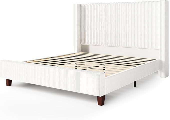 HOWE King Size Bed Frame with 50.8" Tall Wingback Headboard, Modern Corduroy - Image 8