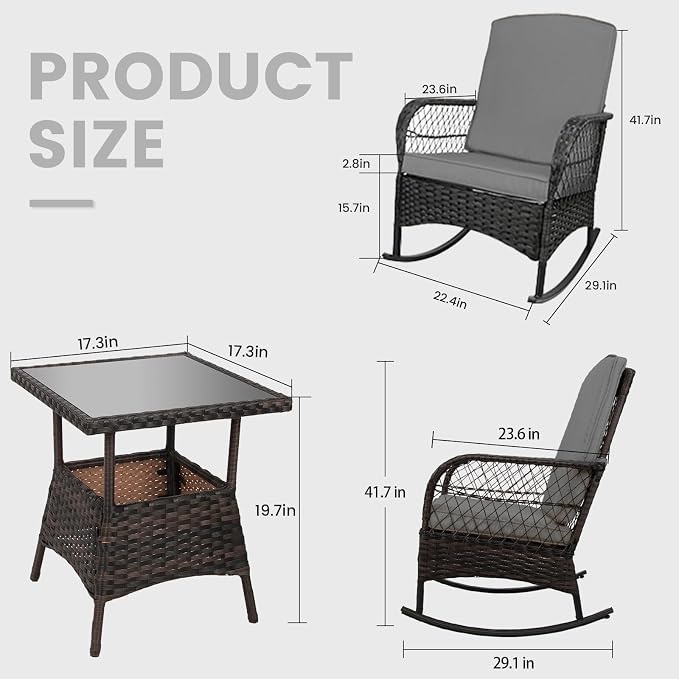 LEVELEVE 3 pcs Rocking Bistro Set Conversation Chairs PE Wicker Outdoor Rocking - Image 2