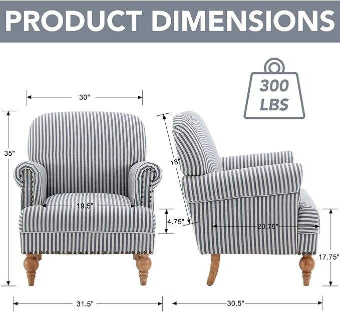 Blue Striped Linen Fabric Accent Chair, Coastal Upholstered Armchair - Image 2