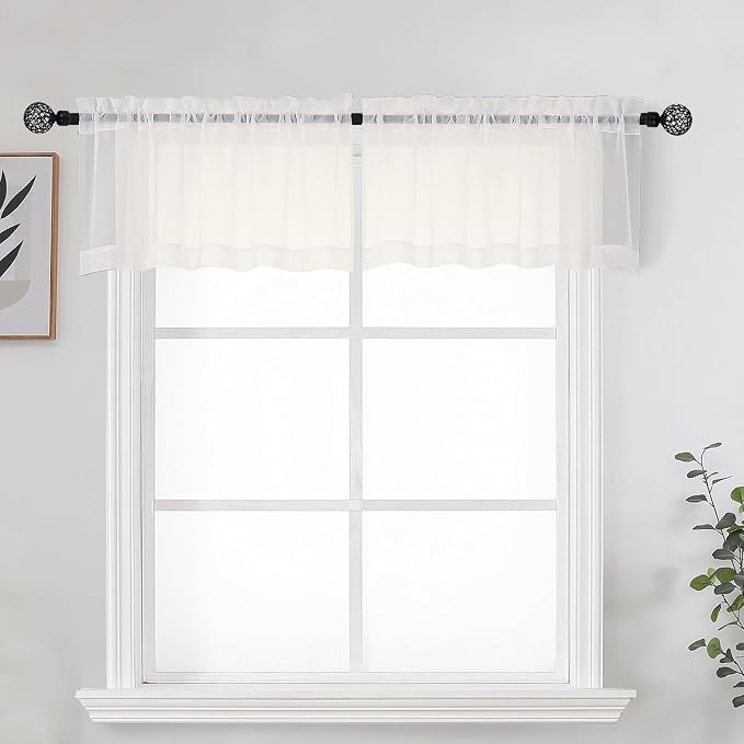 Ivory Sheer Valance for Kitchen Windows Set of 2, Small Modern Rod Pocket Voile by OWENIE