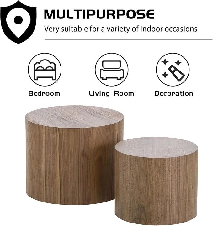 Small Coffee Table Nesting End Table Set of 2, Round Coffee Table Wood Side - Image 3