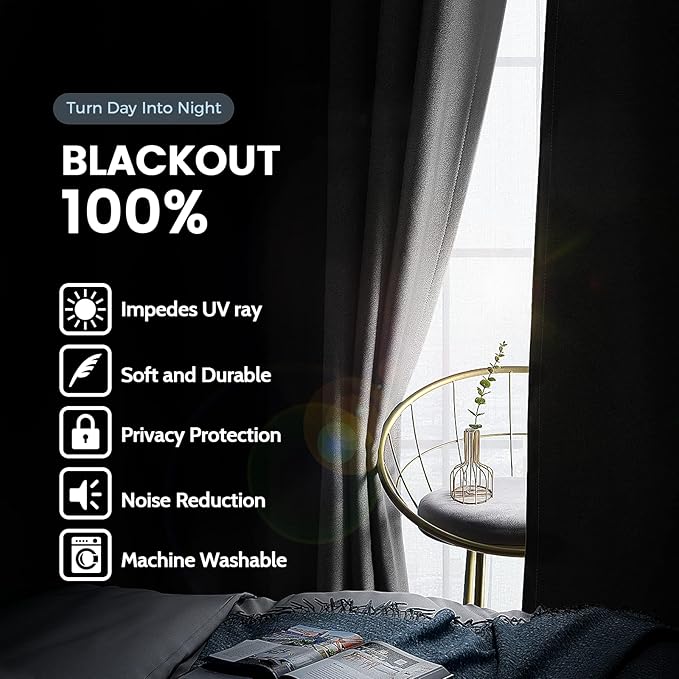 SimpleHome Grey 100% Blackout Curtains Room Darkening Living Room 72 Inch | - Image 3