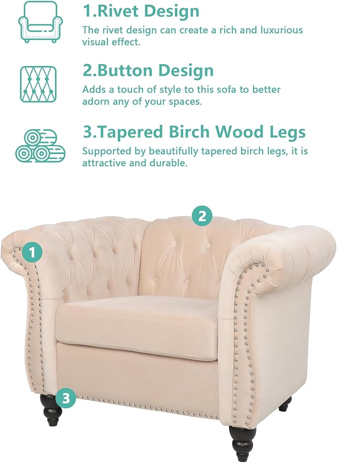 Living Room Chair, Modern Velvet Chesterfield Sofa Chair, Mid Century Single - Image 8