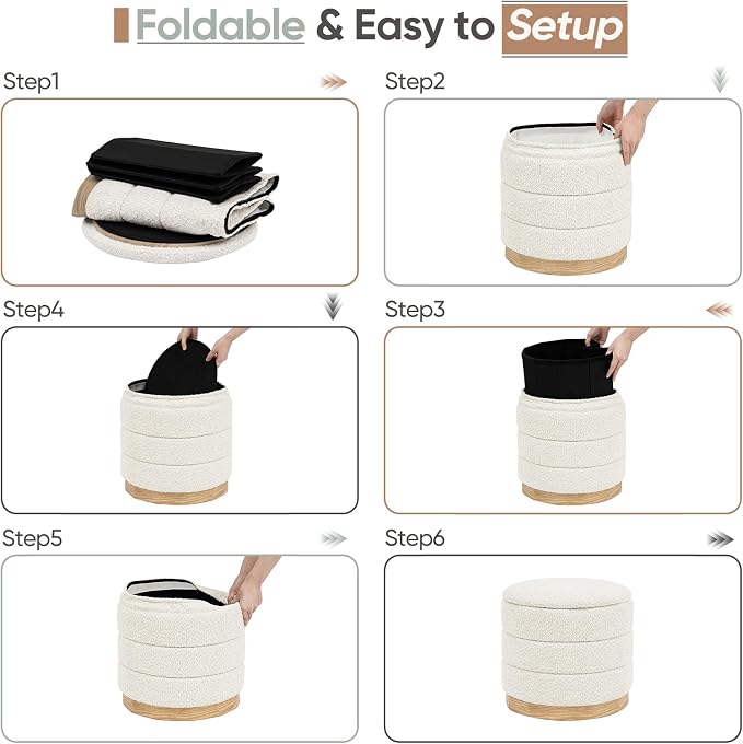 Round Storage Ottoman with Reversible Tray Lid, Folding Chenille Fabric - Image 7