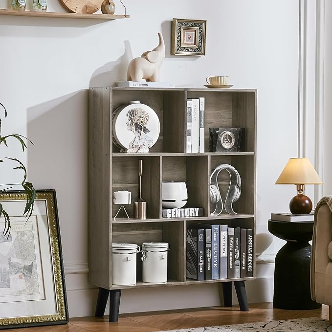 LEYAOYAO Cube Bookshelf 3 Tier Mid-Century Retro Grey Modern Bookcase - Image 6