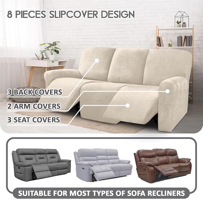 ULTICOR Velvet 8-Pieces Recliner Sofa Covers Stretch Reclining Couch Covers - Image 2