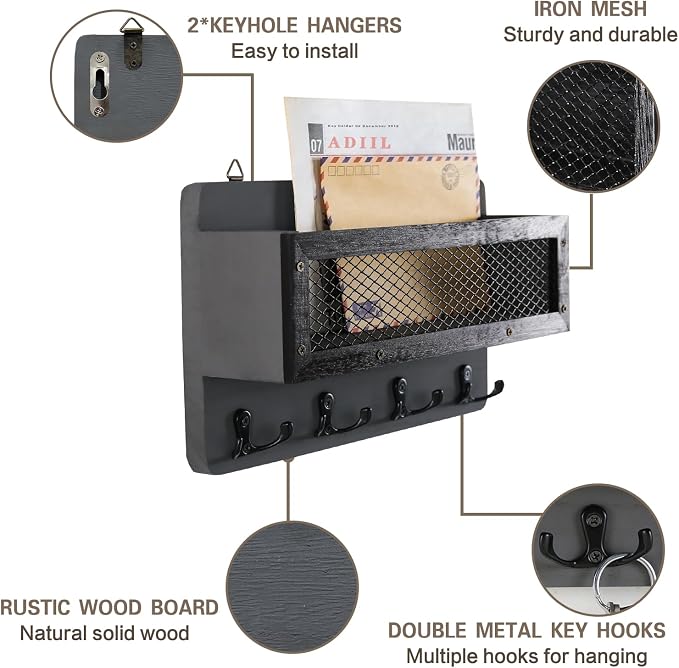 ADIIL Mail and Key Holder for Wall Decorative, Wooden Wall Mount Key Rack - Image 4