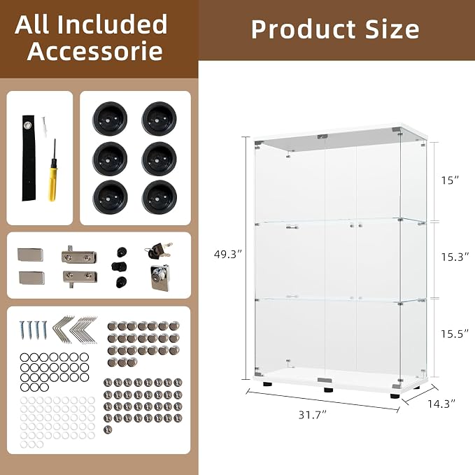 Display Cabinet with Glass Door and Lock, 3-Shelf Fast Installation Curio - Image 2