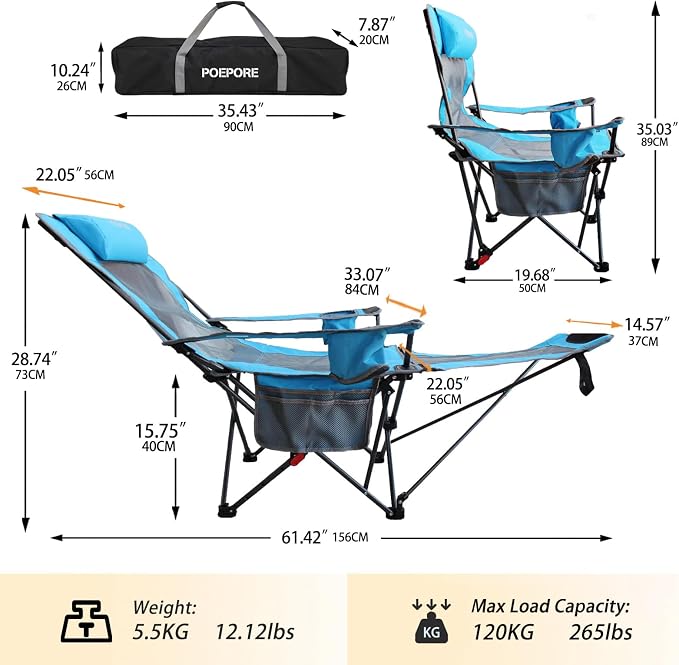 Reclining Camping Chair with Removable Footrest Lounge Chair with Headrest - Image 3