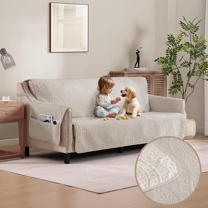 Quilted Beige Sofa Slipcovers by Pamhaven