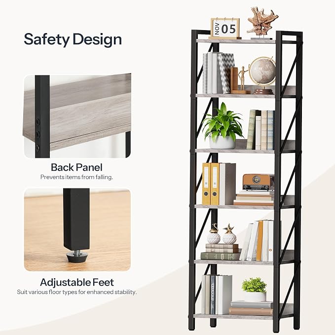 HOOBRO Bookshelf, 6-Tier Industrial Bookcase, Book Shelf Storage Organizer - Image 6