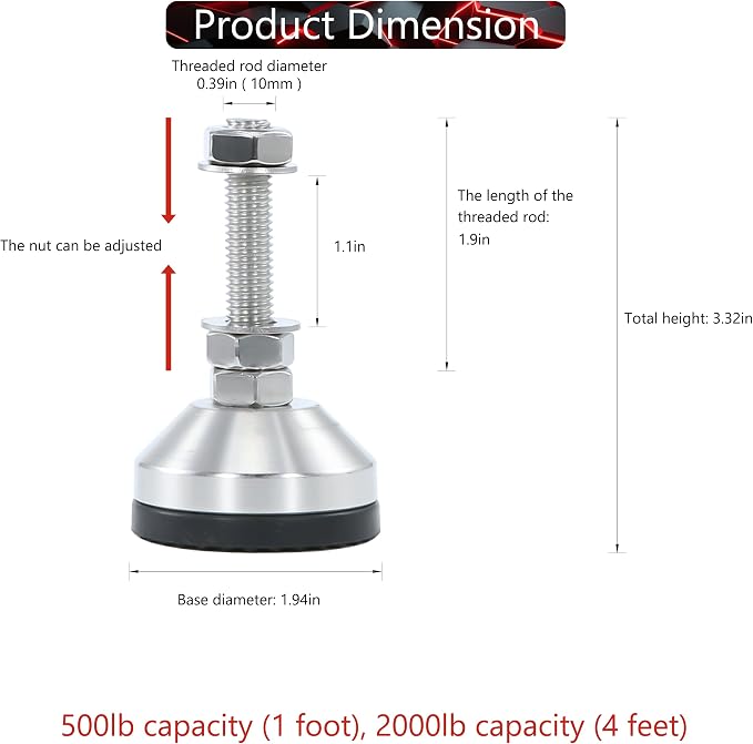 Heavy Duty 2000 lb Capacity Stainless Steel Adjustable Leveling Feet - Image 2