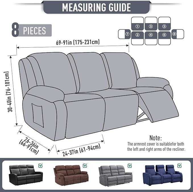 TAOCOCO Recliner Sofa Covers 8-Pieces Stretch Large Couch Covers - Image 5