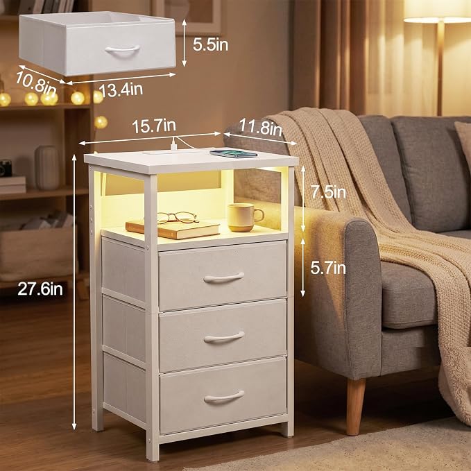 Fixwal White Nightstand with Charging Station, LED Night Stand with 3 Fabric - Image 3