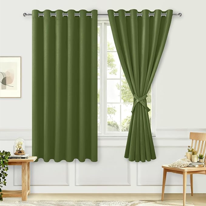 Room Darkening Curtains for Bedroom Olive Green 70x63 Inch 2 Panels | Thermal by Hiasan