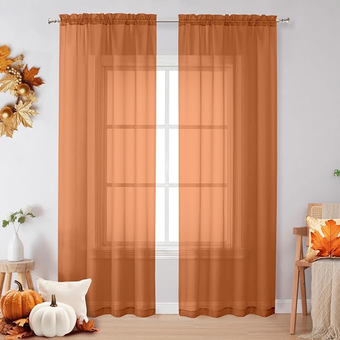 Sheer Orange Curtains 84 inch Length 2 Panels Set, Airy Soft-Touching Rod by OVZME