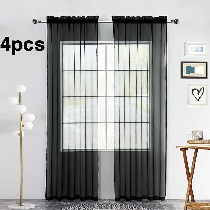 SpaceDresser Black Sheer Curtains 4 Panels Rod Pocket Semi-Sheer Curtain 45 - Image 2