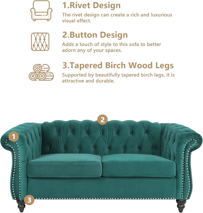 Chesterfield Loveseat Sofa, Modern Velvet Small Sofa Couch 2 Seater - Image 6