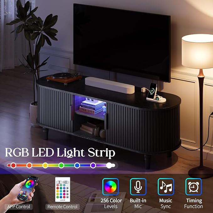 TV Console with Power Outlet-55" Entertainment Center with Sliding Tambour Door - Image 4