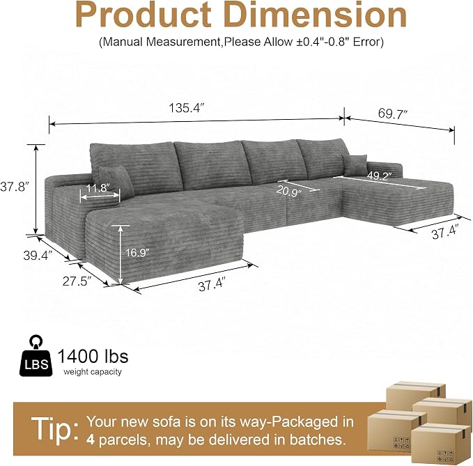 136" Sectional Couches for Living Room Cloud Couch Sofa - Image 2