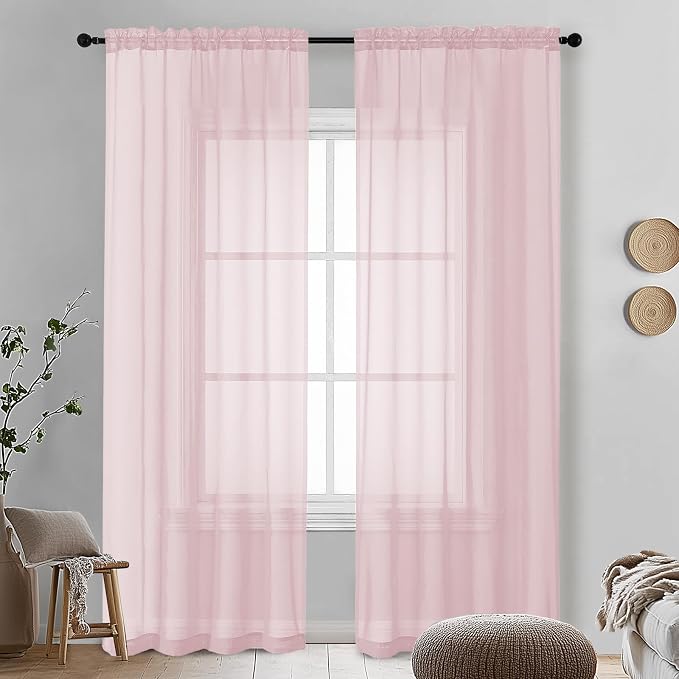 Blush Pink Sheer Curtains 90 Inches Long 2 Panels by OVZME