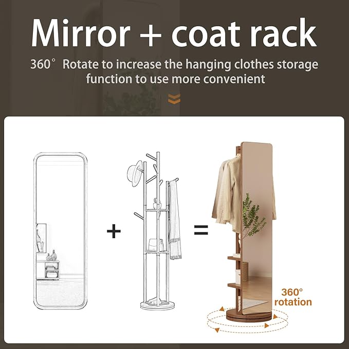 WoodsWhisper Full Length Mirror Coat Rack Solid Wood Floor Mirror 66"x12" Full - Image 3