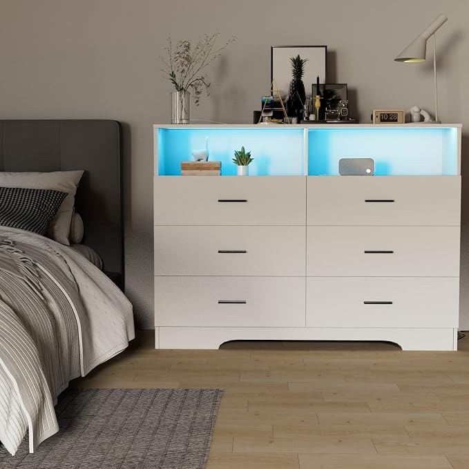 FJTJBSI Dresser with Power Outlets and LED Lights Wooden 6 Drawer Dresser with - Image 7