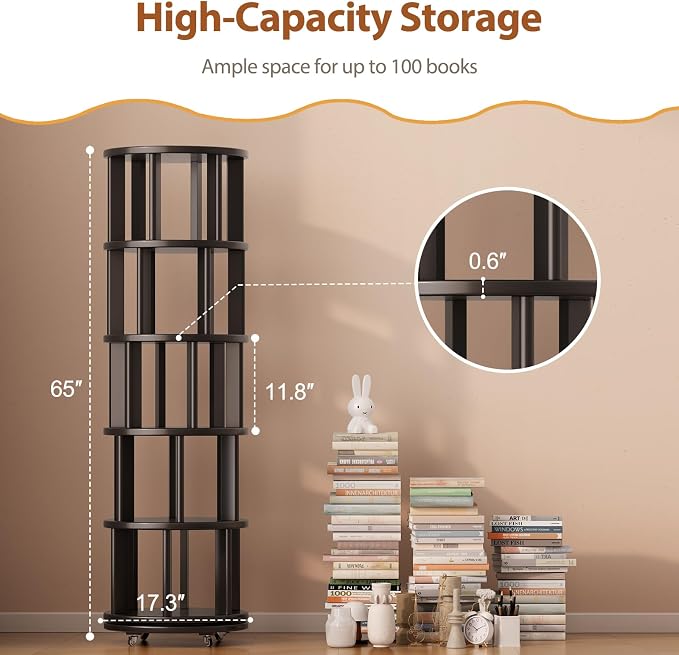 Muwuele Solid Wood Rotating Bookshelf on Wheels, 5 Tier, Round Revolving - Image 2