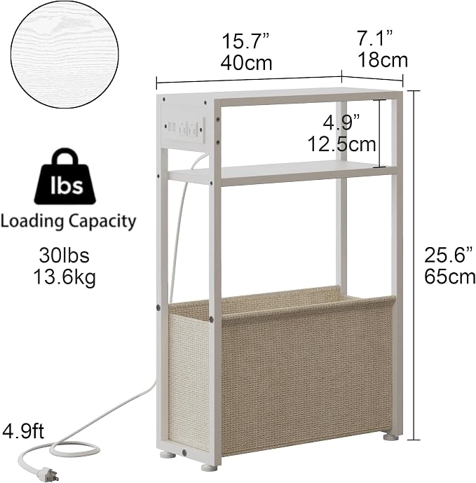Leomonio White Side Table with Charging Station, Slim End Tables with Linen - Image 2